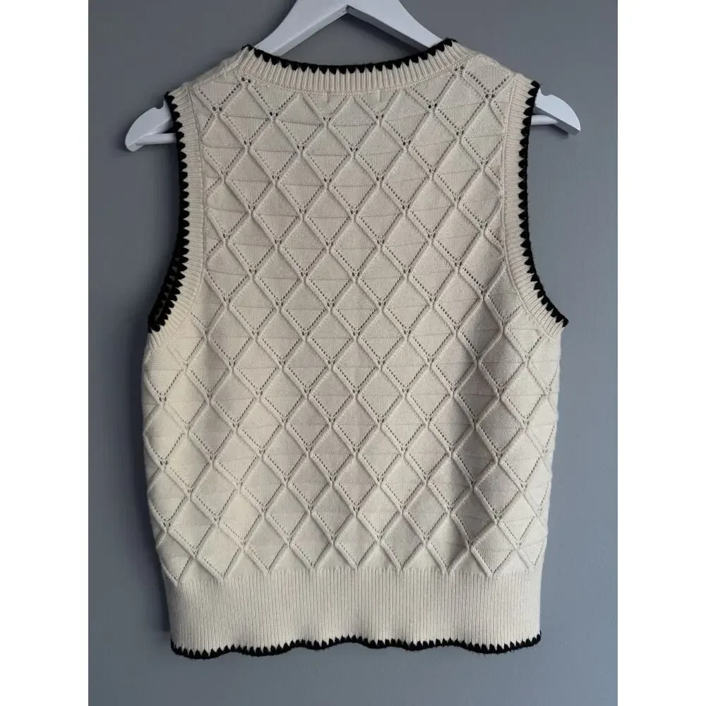 Adrianna Papell Vest Cream Black Trim Diamond Knit Size S Old Money Preppy